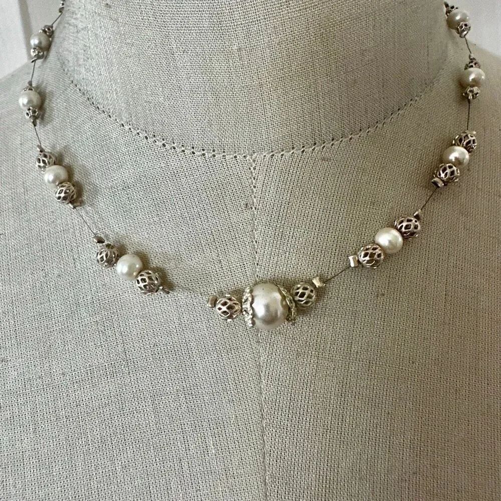 Vintage Faux Pearl & Filigree Bead Necklace